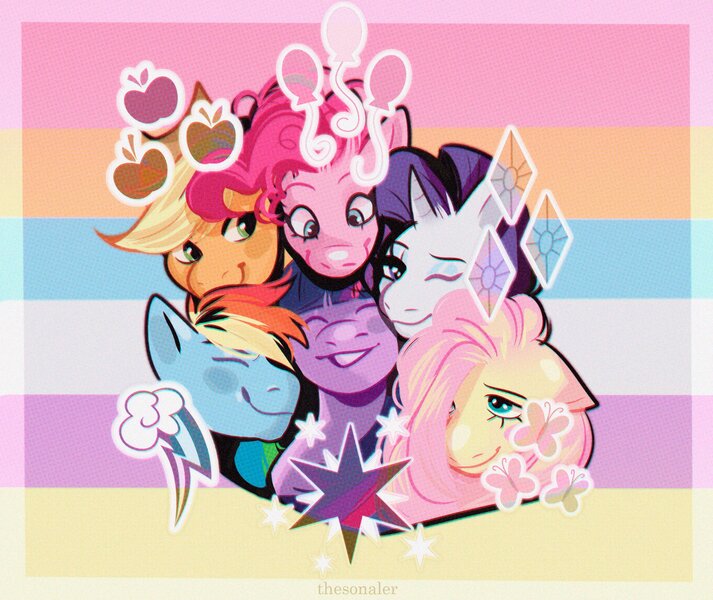 Size: 1934x1628 | Tagged: safe, artist:thesonaler, derpibooru import, applejack, fluttershy, pinkie pie, rainbow dash, rarity, twilight sparkle, pony, bust, cute, cutie mark, eyes closed, female, floppy ears, mane six, mare, one eye closed, portrait, smiling