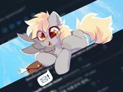 Size: 2000x1500 | Tagged: safe, artist:mirtash, derpibooru import, derpy hooves, pegasus, pony, cheek fluff, chest fluff, colored pupils, cute, derpabetes, ear fluff, eye clipping through hair, female, i just don't know what went wrong, mail, mare, meta, open mouth, pictogram, silly, silly pony, smiling, solo, speech bubble, spread wings, twitter, underhoof, wings