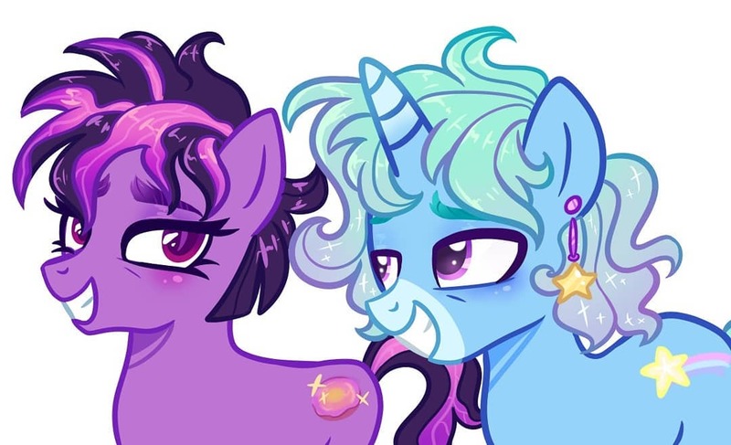 Size: 1080x658 | Tagged: dead source, safe, artist:frisk.mlp, derpibooru import, oc, unofficial characters only, earth pony, pony, unicorn, bust, duo, ear piercing, earth pony oc, eyelashes, female, grin, horn, magical lesbian spawn, mare, offspring, parent:starlight glimmer, parent:tempest shadow, parent:trixie, parent:twilight sparkle, parents:startrix, parents:tempestlight, piercing, simple background, smiling, story included, unicorn oc, white background