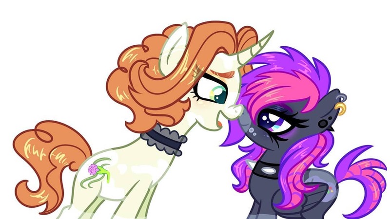 Size: 1080x608 | Tagged: dead source, safe, artist:frisk.mlp, derpibooru import, oc, unofficial characters only, pegasus, pony, unicorn, choker, duo, ear piercing, earring, eyelashes, female, horn, jewelry, looking at each other, mare, open mouth, pegasus oc, piercing, simple background, smiling, spiked choker, unicorn oc, white background, wings