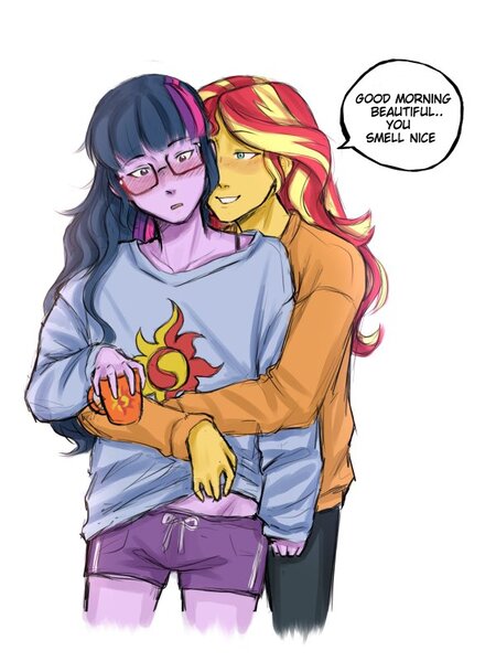 Size: 600x800 | Tagged: safe, artist:itzlazeii, derpibooru import, sci-twi, sunset shimmer, twilight sparkle, equestria girls, blushing, clothes, cutie mark, cutie mark accessory, cutie mark on clothes, female, glasses, hug, hug from behind, jeans, lesbian, loose hair, midriff, mug, oversized clothes, pants, scitwishimmer, shipping, shorts, sunsetsparkle, sweater