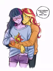 Size: 600x800 | Tagged: artist:itzlazeii, blushing, clothes, cutie mark, cutie mark accessory, cutie mark on clothes, derpibooru import, equestria girls, female, glasses, hug, hug from behind, jeans, lesbian, loose hair, midriff, mug, oversized clothes, pants, safe, sci-twi, scitwishimmer, shipping, shorts, sunset shimmer, sunsetsparkle, sweater, twilight sparkle