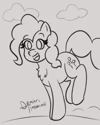 Size: 2900x3600 | Tagged: safe, artist:demitri, derpibooru import, pinkie pie, earth pony, pony, chest fluff, cloud, cute, diapinkes, female, happy, hopping, mare, monochrome, pinkie being pinkie, signature, sketch, smiling, solo