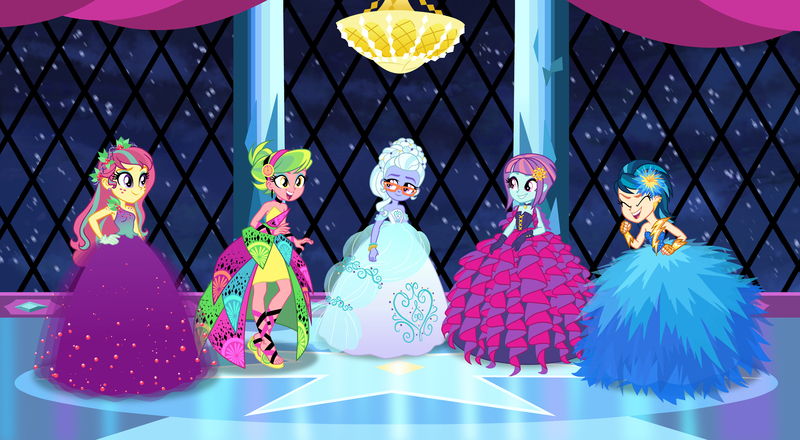 Size: 4800x2640 | Tagged: safe, artist:sapphiregamgee, derpibooru import, indigo zap, lemon zest, sour sweet, sugarcoat, sunny flare, equestria girls, alternate hairstyle, ballroom, bare shoulders, bracelet, braid, choker, clothes, commission, crown, crystal prep, crystal prep academy, crystal prep shadowbolts, dress, ear piercing, eyeshadow, fashion, fashion style, female, freckles, glasses, gloves, hair up, hairpin, headband, jewelry, loose hair, makeup, necklace, piercing, regalia, shadow five, shoulder freckles, sleeveless, smiling, snow, strapless, toy