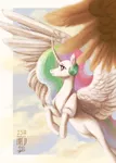 Size: 1002x1408 | Tagged: safe, artist:laps-sp, derpibooru import, princess celestia, alicorn, pony, curved horn, female, flying, horn, mare, solo