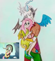 Size: 540x598 | Tagged: artist:lunaart, derpibooru import, discord, eared humanization, fluttershy, horn, horned humanization, hug, human, humanized, safe, scene interpretation, screencap, screencap reference, to where and back again, winged humanization, wings