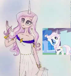 Size: 540x583 | Tagged: safe, artist:lunaart, derpibooru import, screencap, fleur-de-lis, human, unicorn, sweet and elite, alternative cutie mark placement, horn, horned humanization, humanized, screencap reference, shoulder cutie mark, shoulderless, solo, traditional art