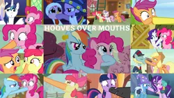 Size: 1978x1113 | Tagged: safe, derpibooru import, edit, edited screencap, editor:quoterific, screencap, apple bloom, applejack, fluttershy, loose tracks, pinkie pie, rarity, scootaloo, shining armor, spitfire, starlight glimmer, sweetie belle, trixie, twilight sparkle, earth pony, pegasus, pony, unicorn, call of the cutie, it's about time, luna eclipsed, putting your hoof down, somepony to watch over me, sounds of silence, the one where pinkie pie knows, the washouts (episode), to where and back again, applejack's hat, clothes, cowboy hat, cutie mark crusaders, eyes closed, female, filly, future twilight, hat, hoof in mouth, male, open mouth, trixie's hat, unicorn twilight