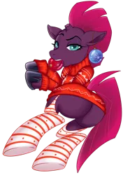 Size: 2604x3706 | Tagged: suggestive, artist:anna_ne_anna, derpibooru import, fizzlepop berrytwist, tempest shadow, pony, unicorn, butt, christmas, christmas ornament, clothes, commission, decoration, eye scar, female, femsub, gag, holiday, hoof shoes, looking at you, mare, plot, scar, simple background, socks, solo, solo female, stockings, striped socks, submissive, sweater, tempest shadow is not amused, thigh highs, transparent background, unamused, ych result
