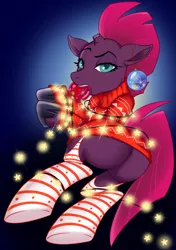 Size: 2604x3706 | Tagged: suggestive, alternate version, artist:anna_ne_anna, derpibooru import, fizzlepop berrytwist, tempest shadow, pony, unicorn, butt, christmas, christmas lights, christmas ornament, clothes, commission, decoration, eye scar, female, femsub, gag, holiday, hoof shoes, looking at you, mare, plot, scar, socks, solo, solo female, stockings, striped socks, submissive, sweater, tempest shadow is not amused, thigh highs, unamused, ych result