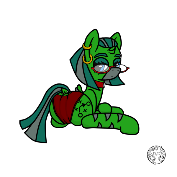 Size: 1500x1500 | Tagged: suggestive, artist:dice-warwick, derpibooru import, oc, oc:temboril tablature, original species, pony, fallout equestria, fallout equestria: dance of the orthrus, bedroom eyes, choker, clothes, dock, dock piercing, ear piercing, fallout equestria: scout sizzle cymbal, fanfic art, glasses, horn, looking back, mirage pony, panties, piercing, raised tail, red glasses, red panties, small horn, small wings, solo, stripes, tail, underwear, wings