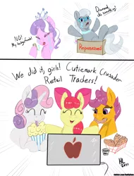 Size: 1986x2613 | Tagged: safe, artist:huffylime, derpibooru import, apple bloom, diamond tiara, scootaloo, silver spoon, sweetie belle, earth pony, pegasus, pony, unicorn, apple (company), box, chicken tenders, computer, crying, cutie mark crusaders, eyes closed, female, filly, food, happy, laptop computer, meat, milkshake, money, open mouth, ponies eating meat, scootachicken, stock market, tendies