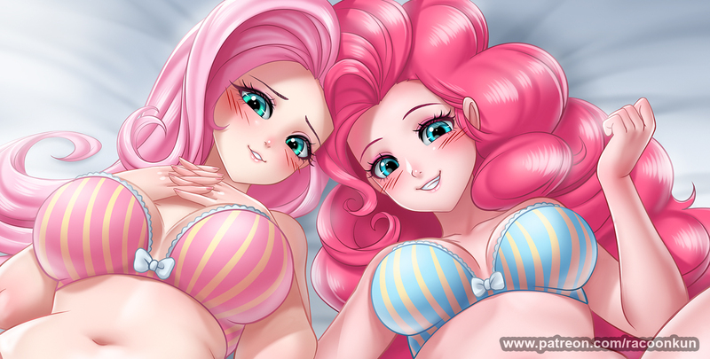 Size: 1500x759 | Tagged: anime, artist:racoonsan, bed, belly button, big breasts, blushing, breasts, busty fluttershy, busty pinkie pie, clothes, cropped, derpibooru import, fluttershy, human, humanized, looking at you, panties, pinkie pie, striped bra, striped underwear, suggestive, underwear