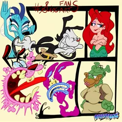 Size: 1947x1947 | Tagged: safe, artist:prestalnic, derpibooru import, princess ember, anthro, dog, dragon, mermaid, six fanarts, aaahh!!! real monsters, animaniacs, arial, clothes, courage the cowardly dog, crossover, dragoness, female, grin, homer simpson, ickis, image, jpeg, male, open mouth, partial nudity, scared, shrek, smiling, the little mermaid, the simpsons, tongue out, topless, warner brothers