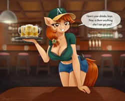 Size: 3859x3100 | Tagged: alcohol, anthro, artist:dandy, baseball cap, beer, big breasts, bra, breasts, cap, cleavage, clothes, denim shorts, derpibooru import, female, hat, looking at you, oc, oc:vanilla creame, restaurant, shorts, solo, solo female, suggestive, underwear, unofficial characters only, waitress