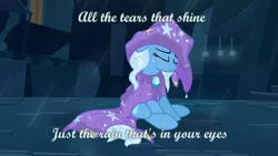 Size: 1920x1080 | Tagged: safe, artist:jeatz-axl, derpibooru import, editor:grapefruitface, trixie, pony, unicorn, 1920x1080, cape, clothes, crying, eyes closed, female, hat, rain, sad, sitting, solo, song reference, toto (band), trixie's cape, trixie's hat, wallpaper