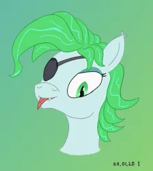 Size: 721x805 | Tagged: safe, artist:0nonim, artist:ononim, derpibooru import, oc, oc:icy mint, unofficial characters only, bat pony, pony, bust, catchlights, eyepatch, fangs, female, gradient background, highlights, lidded eyes, looking at you, mare, solo, tongue out