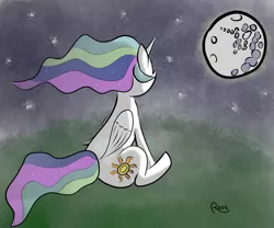 Size: 1080x900 | Tagged: safe, artist:rossponeart, derpibooru import, princess celestia, alicorn, pony, mare in the moon, moon, night, princess, rear view, solo