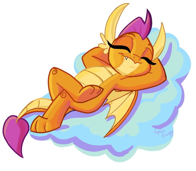 Size: 4096x3585 | Tagged: artist:sophillia, cloud, crossed legs, cute, derpibooru import, dragon, dragoness, eyes closed, female, horns, lying down, lying on a cloud, on a cloud, relaxing, safe, simple background, smolder, smolderbetes, solo, teenaged dragon, teenager, toes, underfoot, white background