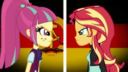 Size: 1200x675 | Tagged: safe, artist:felix lynn, derpibooru import, edit, edited screencap, screencap, sour sweet, sunset shimmer, equestria girls, friendship games, berlin wall, communism, east germany, female, german flag, germany, image, jpeg, politics, west germany