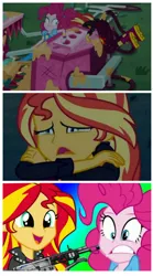 Size: 934x1682 | Tagged: semi-grimdark, derpibooru import, edit, edited screencap, screencap, pinkie pie, sunset shimmer, equestria girls, equestria girls series, sunset's backstage pass!, spoiler:eqg series (season 2), abuse, gun, pinkiebuse, weapon