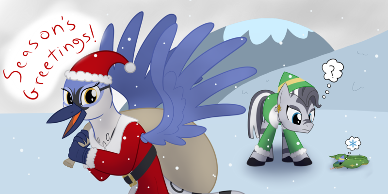 Size: 2000x1000 | Tagged: safe, artist:mightyshockwave, derpibooru import, oc, oc:gaela, oc:wasumu, unofficial characters only, gryphon, snake, zebra, christmas, clothes, costume, griffon oc, holiday, looking at you, merry christmas, sack, santa costume, snow, zebra oc
