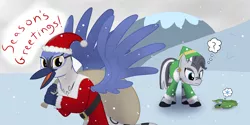 Size: 2000x1000 | Tagged: safe, artist:mightyshockwave, derpibooru import, oc, oc:gaela, oc:wasumu, unofficial characters only, gryphon, snake, zebra, christmas, clothes, costume, griffon oc, holiday, looking at you, merry christmas, sack, santa costume, snow, zebra oc