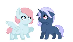 Size: 960x556 | Tagged: safe, artist:clarity83, derpibooru import, oc, oc:fairy floss, oc:patty cake, unofficial characters only, pegasus, pony, unicorn, blank flank, cute, duo, female, filly, foal, offspring, parent:pinkie pie, parent:pokey pierce, parents:pokeypie, siblings, simple background, sisters, white background