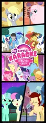 Size: 7087x18898 | Tagged: safe, artist:floppychiptunes, derpibooru import, edit, applejack, big macintosh, bon bon, braeburn, derpy hooves, fluttershy, lyra heartstrings, minuette, octavia melody, pinkie pie, rainbow dash, rarity, shining armor, spike, sweetie drops, twilight sparkle, vinyl scratch, oc, oc:canni soda, oc:fluffle puff, earth pony, pony, absurd resolution, comic, female, galacon, kakemono, karaoke, logo, logo edit, male, my little karaoke, my little x, poster, singing, stallion