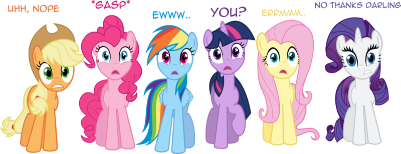 Size: 23066x8871 | Tagged: absurd resolution, applejack, artist:medio-cre, derpibooru import, disgusted, do not want, edit, fluttershy, horrified, hugpony poses, hug request, hugs?, line-up, mane six, pinkie pie, rainbow dash, rarity, safe, shocked, subverted meme, twilight sparkle