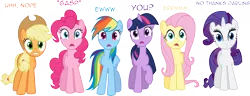 Size: 23066x8871 | Tagged: absurd resolution, applejack, artist:medio-cre, derpibooru import, disgusted, do not want, edit, fluttershy, horrified, hugpony poses, hug request, hugs?, line-up, mane six, pinkie pie, rainbow dash, rarity, safe, shocked, subverted meme, twilight sparkle