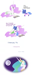 Size: 7672x17990 | Tagged: safe, artist:replaymasteroftime, derpibooru import, princess celestia, princess luna, pony, absurd resolution, book, cewestia, clothes, comforting, comic, crying, cute, feels, female, filly, gritted teeth, hug, mare in the moon, moon, nightgown, pajamas, prone, sad, scared, siblings, sisters, smiling, woona, younger