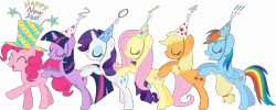 Size: 17320x6946 | Tagged: 2014, absurd resolution, applejack, artist:emedina13, butt touch, conga, derpibooru import, fluttershy, happy new year, hat, holiday, hoof on butt, mane six, new year, party hat, party of one, pinkie pie, rainbow dash, rarity, safe, simple background, transparent background, twilight sparkle, vector