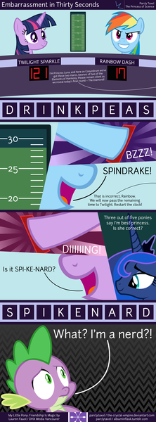 Size: 6400x17300 | Tagged: safe, artist:parclytaxel, derpibooru import, princess luna, rainbow dash, spike, twilight sparkle, twilight sparkle (alicorn), alicorn, pony, .svg available, absurd resolution, anagram, clock, comic, countdown (channel 4), female, game show, hooves, joy buzzer, mare, mouth, nerd, parody, pun, puzzle, sand clock, vector