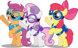 Size: 16877x10429 | Tagged: safe, artist:darlaud, derpibooru import, apple bloom, scootaloo, sweetie belle, earth pony, pegasus, pony, unicorn, absurd resolution, bipedal, cutie mark crusaders, cutie mark crusading, goggles, parachute, simple background, transparent background, vector