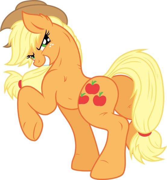 Size: 26697x28905 | Tagged: safe, artist:mimy92sonadow, artist:overdriv3n, derpibooru import, applejack, earth pony, pony, .svg available, absurd resolution, applebutt, applejacked, butt, colored, cowboy hat, dangerously high res, ear fluff, female, glare, grin, hat, looking at you, looking back, mare, muscles, plot, raised hoof, simple background, smiling, smirk, solo, standing, stetson, transparent background, underhoof, vector