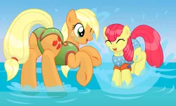 Size: 18000x10800 | Tagged: absurd resolution, apple bloom, applejack, artist:xniclord789x, butt, clothes, derpibooru import, duo, female, missing accessory, ocean, one-piece swimsuit, plot, safe, sibling love, siblings, sisterly love, sisters, splashing, swimsuit, underhoof, water wings, wet, wet mane