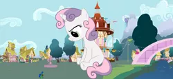 Size: 19461x8921 | Tagged: safe, artist:johnnyxluna, derpibooru import, sweetie belle, oc, oc:johnny, pony, unicorn, absurd resolution, bridge, building, canterlot, equestria, female, filly, fountain, giant pony, giantess, image, macro, png, ponyville, ponyville town hall, sky, town hall