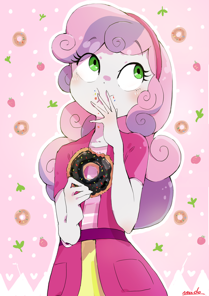 Size: 2480x3508 | Tagged: safe, artist:nendo, derpibooru import, ponybooru import, sweetie belle, equestria girls, abstract background, blushing, chocolate, cute, diasweetes, donut, eating, female, food, messy eating, solo