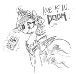 Size: 1200x1174 | Tagged: safe, artist:flutterthrash, princess cadance, alicorn, pony, black and white, clothes, dialogue, doom, dress, female, floral head wreath, flower, grayscale, lidded eyes, love is in bloom, magic, mare, monochrome, simple background, solo, telekinesis, wedding dress, white background
