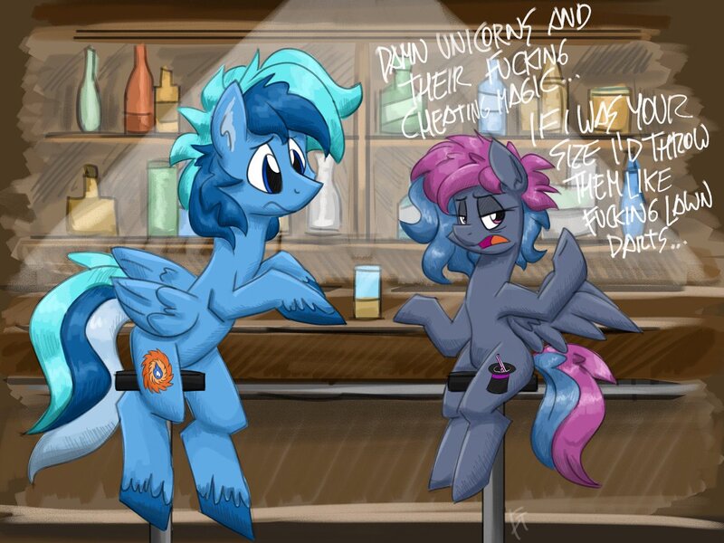 Size: 1200x900 | Tagged: safe, artist:flutterthrash, oc, oc:running riot, oc:umami stale, unofficial characters only, pegasus, pony, bar, barstool, dialogue, duo, female, lidded eyes, male, mare, open mouth, stallion, unshorn fetlocks