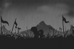 Size: 610x408 | Tagged: safe, artist:hitbass, oc, unnamed oc, unofficial characters only, pony, unicorn, animated, flag, gif, grayscale, magic, monochrome, rain, shield, solo, spear, sword, weapon