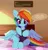 Size: 3052x3196 | Tagged: safe, artist:omi, rainbow dash, pegasus, pony, bed, clothes, meta, on bed, phone, shirt, sitting, speech bubble, spread wings, twitter, wings