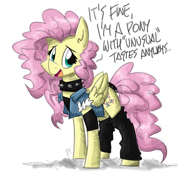 Size: 1200x1200 | Tagged: safe, artist:flutterthrash, fluttershy, pegasus, pony, alternate hairstyle, choker, chokershy, clothes, cute, dialogue, female, jacket, leg warmers, looking at you, mare, metal, metalshy, open mouth, shyabetes, simple background, solo, spiked choker, tail wrap, white background