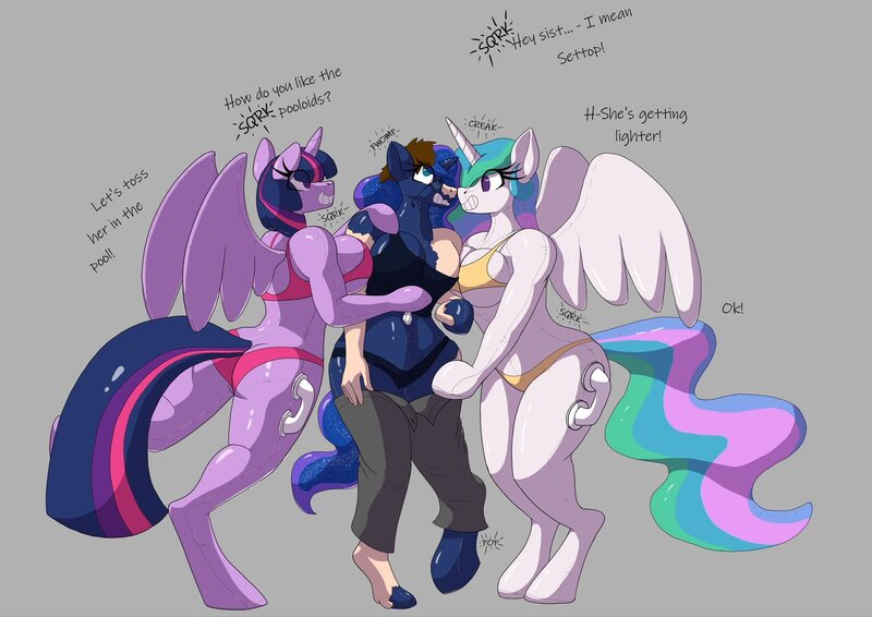 Size: 1199x848 | Tagged: questionable, artist:codras, princess celestia, princess luna, twilight sparkle, twilight sparkle (alicorn), oc, oc:acesential, oc:codras, oc:settop, alicorn, anthro, human, inflatable pony, pooltoy pony, unguligrade anthro, arm hooves, bean mouth, big breasts, bikini, breasts, clothes, fetish, forced, glasses, gray background, handles, human to anthro, image, inflatable, jpeg, latex, looking at each other, male to female, onomatopoeia, pool toy, pooloids, rubber, rule 63, seams, simple background, swimsuit, transformation, transgender transformation, trio, undressing