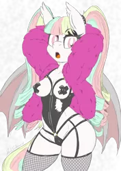 Size: 2673x3772 | Tagged: suggestive, artist:pearlyiridescence, edit, oc, oc:pearly iridescence, unofficial characters only, anthro, bat pony, alternate hairstyle, arm behind head, black eyeshadow, breasts, clothes, curly hair, ear fluff, erect nipples, female, femdom, fishnets, fur coat, image, latex, nipple outline, nipple tape, open mouth, pasties, pigtails, png, sketch, socks, solo, solo female, thigh highs, twintails, wings
