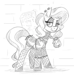 Size: 1140x1200 | Tagged: safe, artist:flutterthrash, diamond tiara, earth pony, pony, black and white, choker, clothes, ear piercing, eyeshadow, female, fishnets, grayscale, jacket, leather jacket, lidded eyes, makeup, mare, monochrome, older, older diamond tiara, piercing, smiling, solo, spiked choker, spiked tail tie