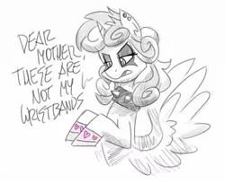 Size: 1200x984 | Tagged: safe, artist:flutterthrash, princess flurry heart, alicorn, pony, annoyed, choker, dialogue, ear piercing, female, heart, limited palette, piercing, princess emo heart, solo, spiked choker, teenage flurry heart, teenager, wristband