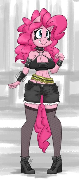 Size: 514x1200 | Tagged: safe, artist:flutterthrash, pinkie pie, anthro, earth pony, bracelet, breasts, bullet belt, choker, clothes, female, fishnets, socks, solo, spiked choker, spiked wristband, thigh highs, wristband
