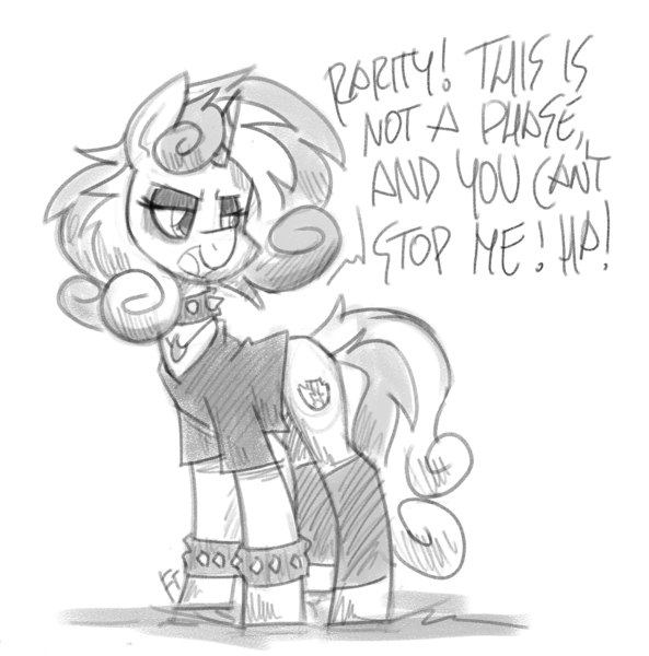 Size: 1185x1200 | Tagged: safe, artist:flutterthrash, sweetie belle, pony, unicorn, black and white, bracelet, choker, clothes, dialogue, eyeshadow, female, grayscale, implied rarity, it's not a phase, leg warmers, makeup, mare, monochrome, older, older sweetie belle, shirt, solo, spiked choker, spiked wristband, t-shirt, wristband